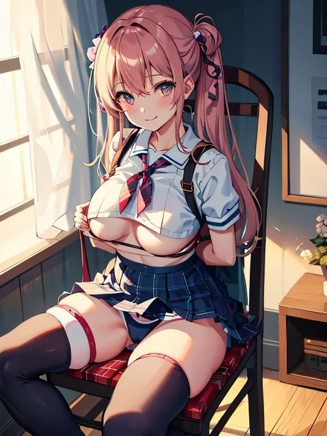 highest quality、High resolution、detailed background、beautiful and detailed face、beautiful and smooth skin、skin texture、professional lighting、Beautiful teenage girl、(huge breasts:1.2)、sexy sailor suit or uniform、Pleated mini skirt with tartan plaid pattern、...