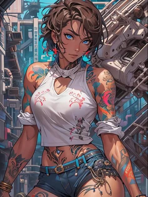 brown skin and blue eyes、Cyberpunk woman with short brown hair, She is wearing a loose white blouse and 8K swimming trunks。._wallpaper, very fine eyes, highly detailed body, highly detailed fingers, (amazing digital art work), (Detailed manga shape), (deta...