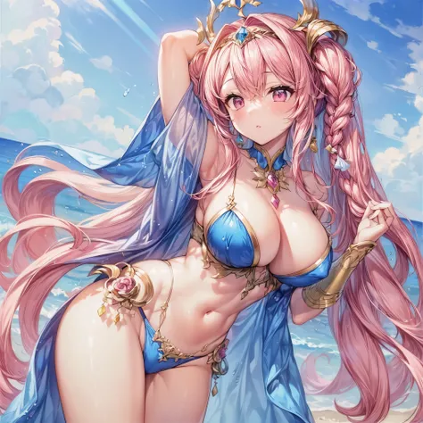 1girl, long pink hair, pink eyes, goddess, blue bikini, bathes in sunlight, beach in the background, gorgeous, masterpiece, high res, splash anime art, pixiv