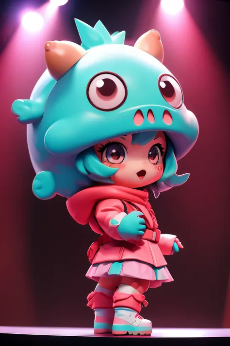 chibi girl acting on the stage of hero sentai、wearing a cute monster costume、take a photo from the side