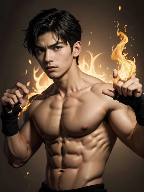 Photorealistic, handsome male model, masculine Asian mix guy, mixed race, (angry:1.3), (young, 18 year old:1.9), ((best quality)), ((masterpiece)), (detailed), (barechested:1.4) Create an illustrated portrait of young Prince Zuko from "Avatar: The Last Air...