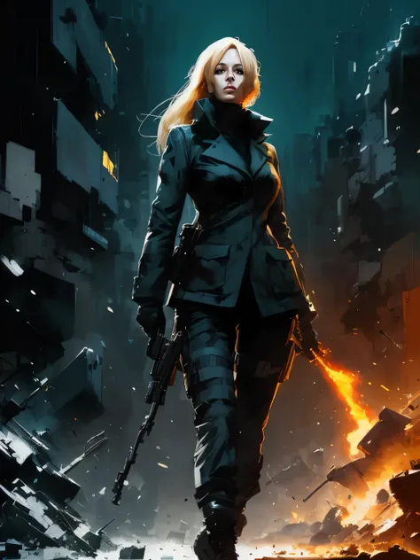 (style of ashley wood), secret agent woman, battlefield