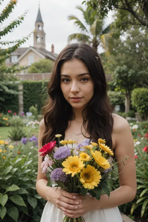 Beautiful woman surrounded by vibrant flowers in lush garden