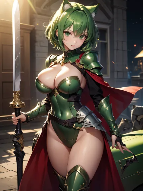 highest quality,wonderful,masterpiece,delicate,ultra high resolution,Super detailed,intricate details,beautiful,8K resolution,(Highly detailed CG Unity 8k wallpaper),sharp focus、big breasts、Upper breasts、green hair、short hair、vivid hair、、Shaggy hair、Cat ea...