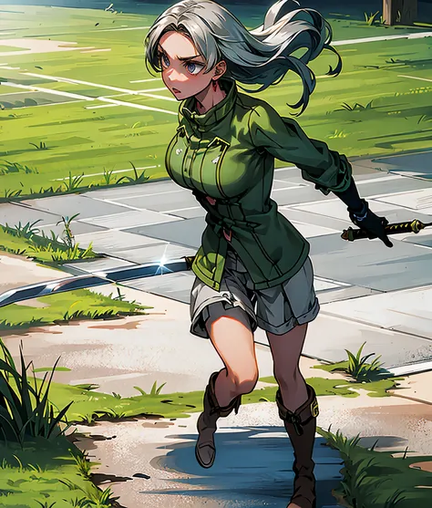 masterpiece, high res, detailed face, detailed eyes, anime screencap, 1 girl, solo, angry, fighting, sword, water energy, grey hair, grey eyes, long hair, green shirt, brown shorts, high boots, standing, full body, outdoors, hill
