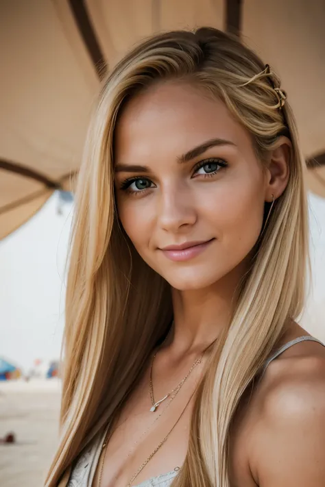 Raw photo, female, american, best quality、high resolution, photorealistic, hyper detailed, beautiful woman with (long brushed blonde hair:1.4), taken in a colorful tent sculpture at burning man, during a amber sandstorm, lit up from the inside, lovely swee...