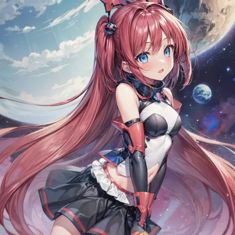 1girl, long red hair, detailed blue eyes, space anime girl, half bodysuit, black skirt, black and red elbow gloves, space in background, masterpiece, high res, splash anime art, portrait