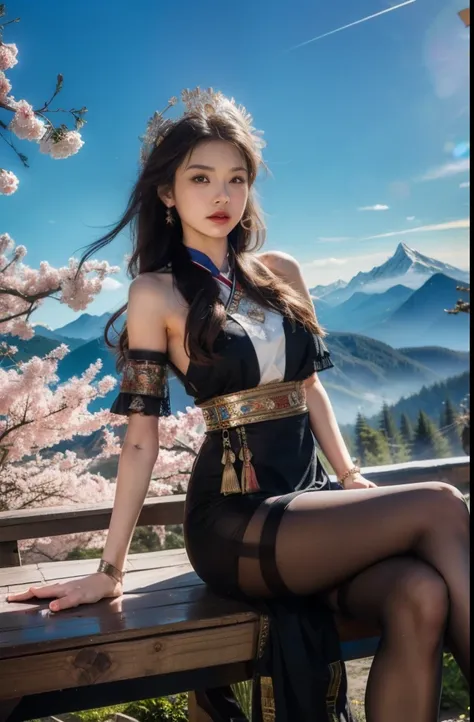 (background：the mountains are full of cherry blossoms，there are mountains and fog)(whole body:1.5)，(1 hmong girl:1.3),(view view...