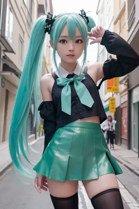 1 linda chica,  16 years old, (foto detallada de primer plano), Hatsune MikuCosplay, (vestida como hatsune miku), falda corta verde con bordes negros, bonitas piernas, (botas largas y ajustadas negras por encima de la rodilla y bordes verdes) , (posando en...