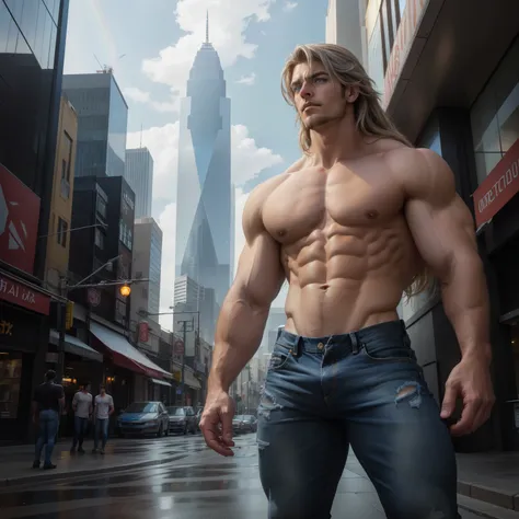 ((Anime style art)), Extremely muscular masculine character, tan skin, long rainbow hair,  sapphire blue eyes, bodybuilder body, wearing  cobalt and silver shirt with lightning bolt shaped holed cutout ((chest window)) futuristic crystal  tower cityscape, ...