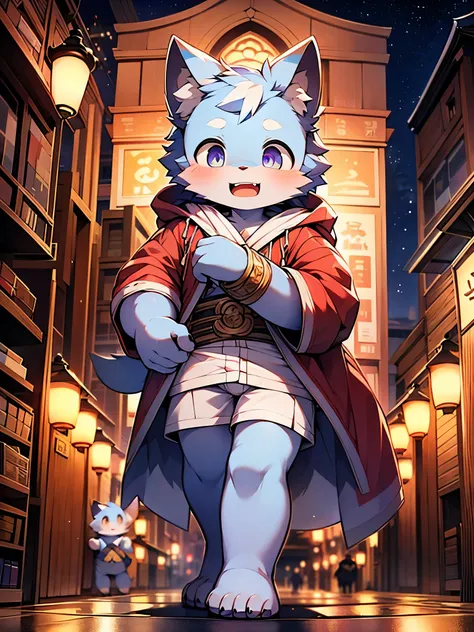 Tiger, little boy, cute, (solo), (((with blue and white fur))), purple big eyes, blushing face, smiling, opening mouth, (red bathrobe), white boxer underwear, walking, night, ancient Asian cities, bright street lights, blue and black slate roads, empty str...