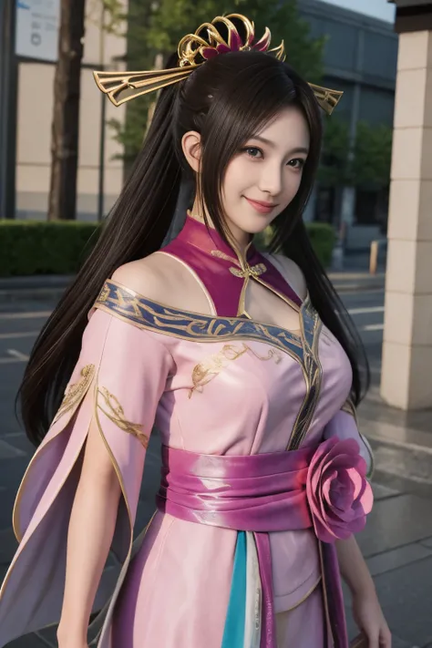 Diaochan from Sangoku Musou 8,超reality的な,hair ornaments,Perfect Diaochan costume,twin tail star piece、1 cute girl、17 year old high school student、smile,fine eyes、puffy eyes、bright outdoors,Bright downtown、highest quality, 超High resolution, (reality: 1.4), ...