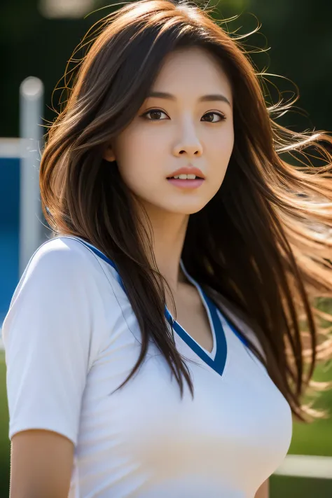 （8k，highest quality，masterpiece：1.2），（realistic，realistic：1.37），Super detailed，professional lighting，basketball playground,clear focus,Light of the sun,1 girl,美丽fine eyes，fine eyes, double eyelid,obscene pose,thin waist,v neck basketball uniform,brown hair...