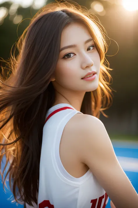 （8k，highest quality，masterpiece：1.2），（realistic，realistic：1.37），Super detailed，professional lighting，basketball playground,clear focus,Light of the sun,1 girl,美丽fine eyes，fine eyes, double eyelid,obscene pose,thin waist,v neck basketball uniform,brown hair...