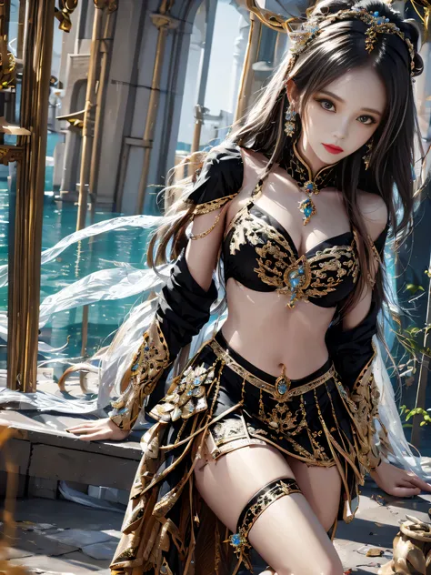 Masterpiece,half body，,Highest picture quality，The beautiful breasts of royal women，black bikini,black short skirt,Delicate black hairstyle，Amber eyes are clear.，Decorated with exquisite jewelry.，Superb details，raise the level。