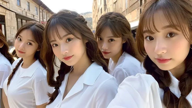 (from below:1.4)、(5 girls:1.4),(First 2 people、Back 3 people）、light brown fringe hair、braided hair、messy hair、light brown eyes、(dignified expression)、(big breasts:1.4)、Highlight the valley、locker room、(Photoreal)、Shadow、(intricate details:1.2)、(masterpiece...