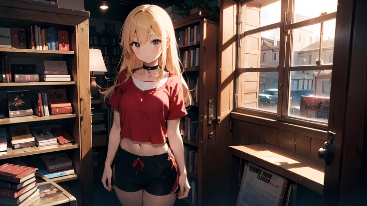 anime girl, 18 years old, long blonde hair, choker collar, red crop top, red gym shorts, bookstore, bookcases, books, open door, open window, nighttime, standing, dramatic lighting, cinematic lighting, masterpiece, best quality