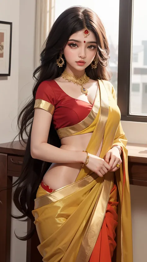 imagine a hot Indian girl in saree of color combination red and yellow and long hair ((best quality)), ((masterpiece)), (detailed), perfect face