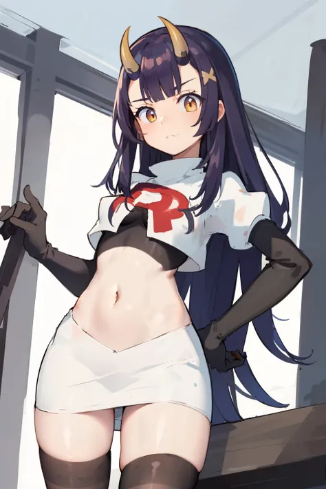 masterpiece, detailed, high quality, absurdres, onigiri1, 1girl, solo, oni horns, small breasts, curvy, cowboy shot, team rocket,team rocket uniform,white skirt,red letter R,crop top,black thigh-highs,black elbow gloves,