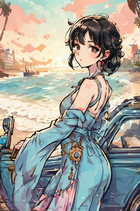 A 1930s Italian beach scene in a vintage manga style, capturing the essence of a song about love, hope, and lifes journey. The illustration shows a group of elegantly dressed characters from the 1930s enjoying a midnight at the beach, which symbolizes the ...