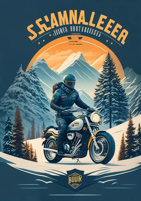 a scrambler triump motorcycle between a spruice tree in a winter landscape, tshirt design, rzminjourney, vector-art, a biker stand beside motorcycle with motor suit,