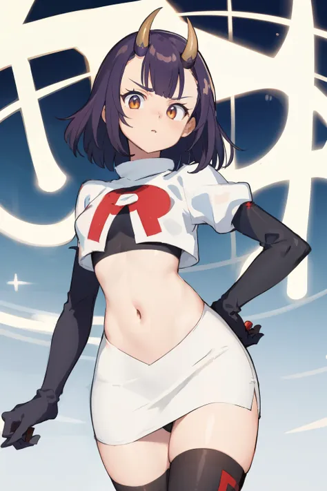 masterpiece, detailed, high quality, absurdres, onigiri1, 1girl, solo, oni horns, small breasts, curvy, cowboy shot, team rocket,team rocket uniform,white skirt,red letter R,crop top,black thigh-highs,black elbow gloves,