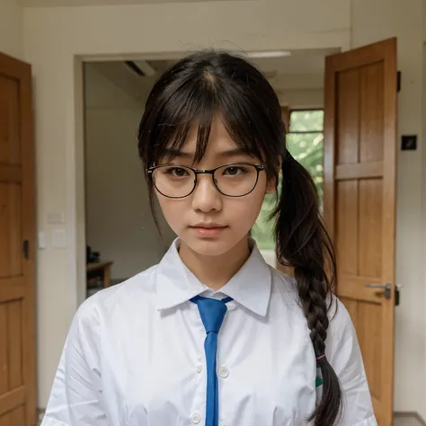 Thai school uniform Half-Chinese-Thai White skin wearing white glasses In front of the bangs The back is tied into a ponytail.