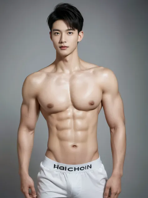 Japanese male model wearing briefs, full body shot, short hair hairstyle, look at camera, Detailed facial parts, Masculinity, magician, active boy, standing in front of gray background, posture, happy expression, perfect anatomy, Symmetric body, Asian boy ...