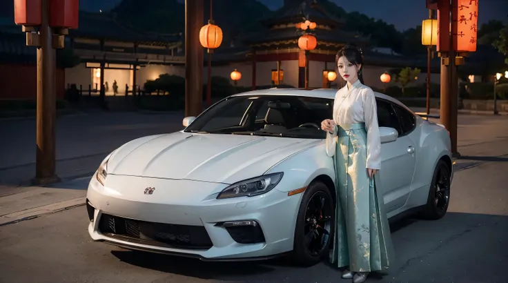 lantern festival，street lamp，dragon lantern，beauty，sexy，horse face skirt，chinese hanfu，(((a good looking car)))，chinese style ar...