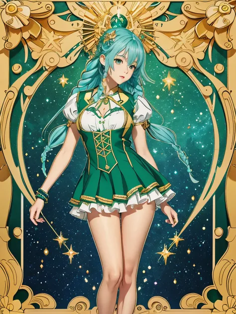 ((anime)) Viridis Godehyda is 159cm tall and weighs 39kg. Her eye color is green, Her oppai is neither too big nor too small, Her thighs are very beautiful, Viridis has a tattoo depicting the Virgo constellation, symbolizing her blessing, on her right thig...