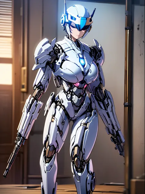 full body depiction、(((female robocop:1.3)))、(((mechanical headgear:1.3)))、(((Mechanical helmet covering the eyes:1.8)))、shiny silver armor、(attack motion)、(Put one arm forward:1.3)、((Very hard armor:1.2))、((Possession of a machine gun:1.2))、(Hold a machin...