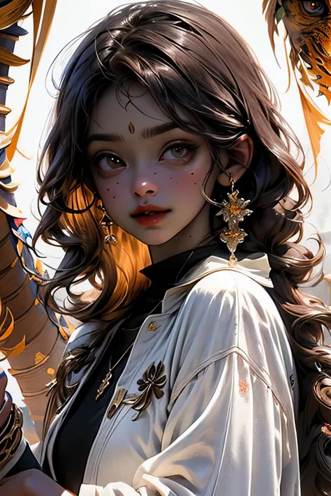 Chica femenina, brown hair color, ojos de color cafe, representing the zodiac sign scorpio, en posicion de guerra, con una mirada desafiante pero sensual, with his little magical scorpion companion