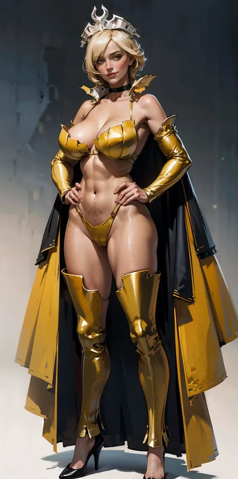 Two long thighs, yellow eyes, blonde hair, short hair, large breasts, detached sleeves, very white background, royal tiara, long cape, yellow tiger bikini, high heels, hands on hips. red tattoo on belly navel, full body female MILF BIMBO, lustful smirking ...