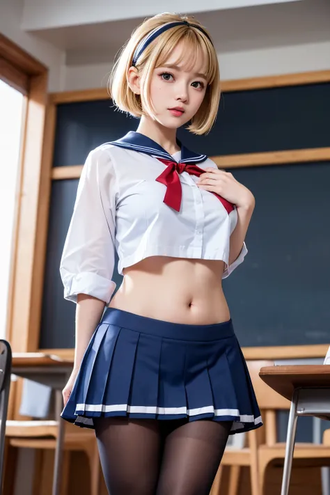 Reflection of the rising sun、School　stage、Are standing　Low - Angle、No sleeve　light blue sailor uniform、navy blue and white check pattern　mini skirt、Navel exposed、 blonde bob perm hair、Right wrist　Scrunchie、big breasts　Plump、red eyes、Brown　loafers、lace patt...