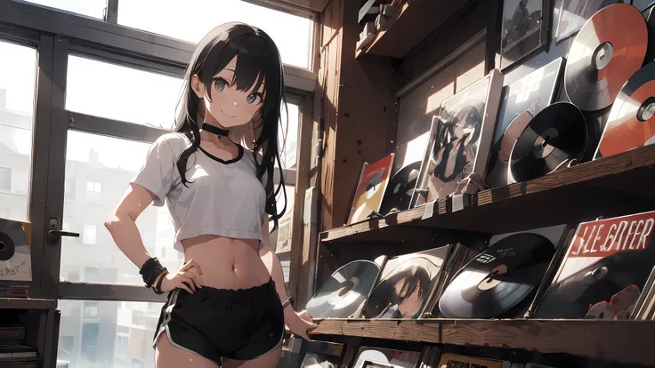 18 year old girl, long black hair with bangs, ((bangs)), big sad eyes, sweet smile, small breasts, thin hips, choker collar, wrist bracelets, white gym top, white gym shorts, standing, hand on hip, open door, open window, record store, records, vinyl, even...