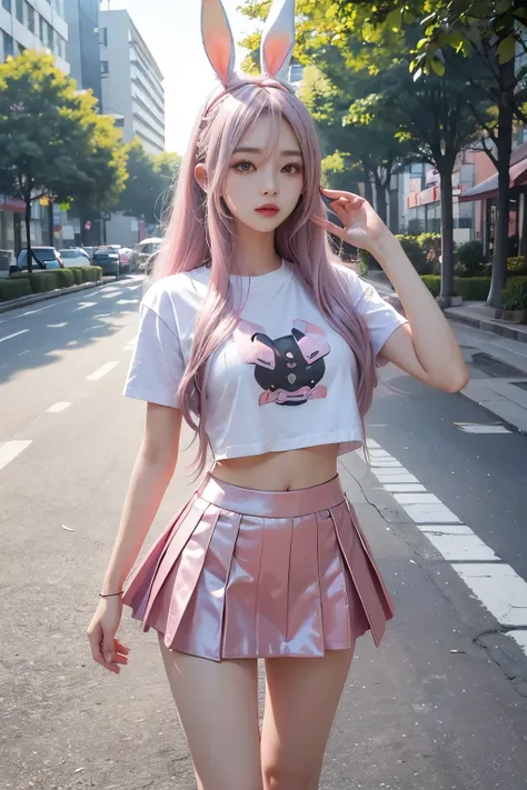 beautiful Korean girl looks like 4D painting,(view), long straight parting hair, Silver and pink hair, bunny ears headband, sunglasses, cropped t-shirts, abs stomach, short skirt (park in morning background), vibrant colours, studio lights, gentle lights, ...