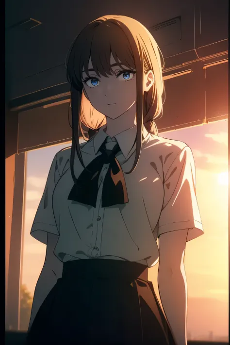 (((Obra maestra, La mejor calidad, ultrahigh resolution))), 1girl, standing, school uniform, white office shirt, black pleated skirt, ((light brown hair:0.7)), long hair cut, pale skin, ((blue eyes)), glowing_eyes, neon eyes, (((ultra detailed eyes, beauti...