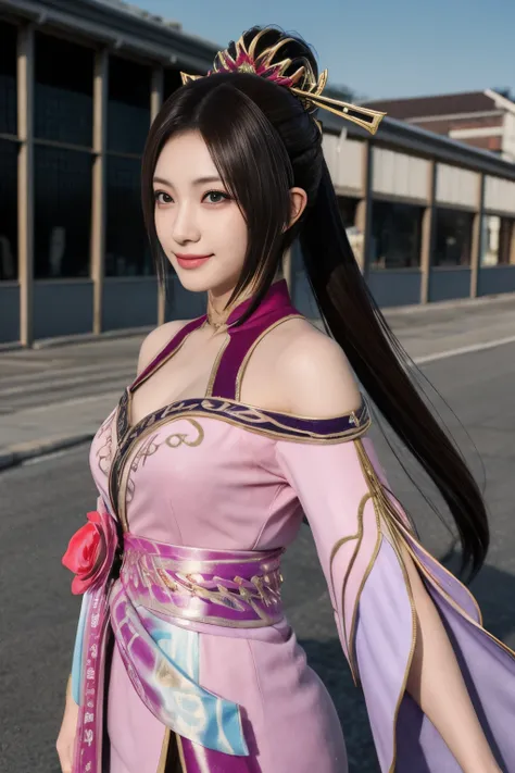 Diaochan from Sangoku Musou 8,超reality的な,hair ornaments,Perfect Diaochan costume,twin tail star piece、1 cute girl、17 year old high school student、smile,fine eyes、puffy eyes、bright outdoors,Bright downtown、highest quality, 超High resolution, (reality: 1.4), ...