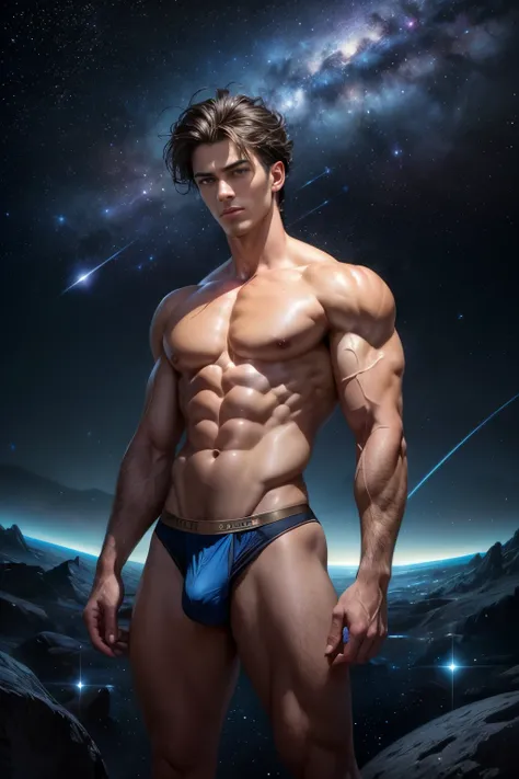 (masterpiece, high resolution, detailed:1.3), a mesmerizing depiction of a (strikingly handsome young man:1.2) donning (sleek and form-fitting thong, bulge:1.2), standing against the backdrop of the vast and mysterious cosmos. His (toned physique:1.2) is b...