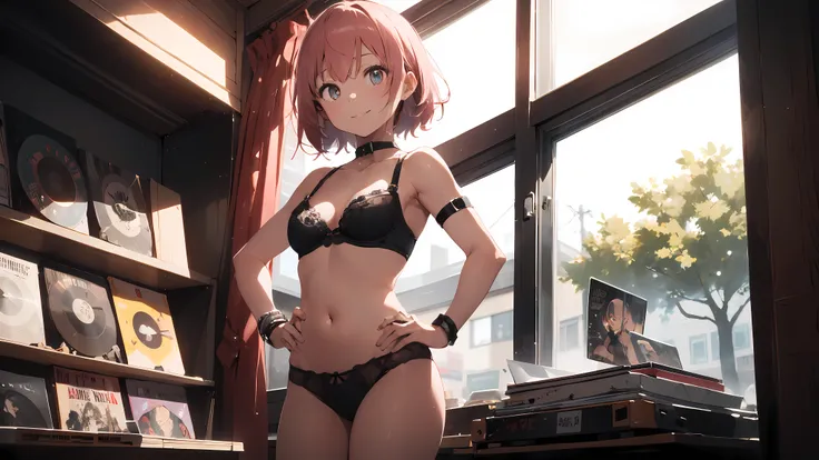 ((1girl)), 18 year old girl, short pink hair, big sad eyes, sweet smile, small breasts, thin hips, choker collar, wrist bracelets, black bra, black panties, standing, hand on hip, record store, records, vinyl, open door, open window, evening, nighttime, dr...