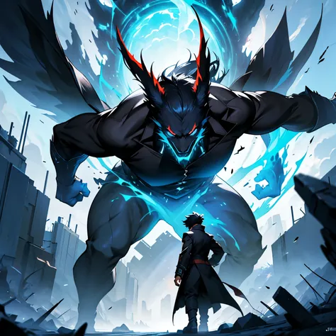 Create a stunning image of the main character from Solo Leveling, Jin-Woo, with his shadow creature looming behind him in a destructive area. Jin-Woo should be depicted wearing his signature black shirt and long coat, exuding an air of power and confidence...