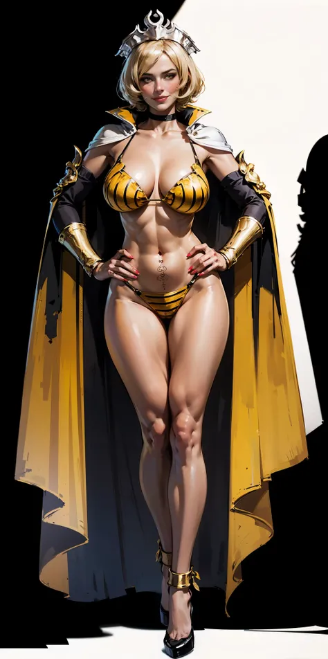 Two long thighs, yellow eyes, blonde hair, short hair, large breasts, detached sleeves, very white background, royal tiara, long cape, yellow tiger bikini, high heels, hands on hips. red tattoo on belly navel, full body female MILF BIMBO, lustful smirking ...