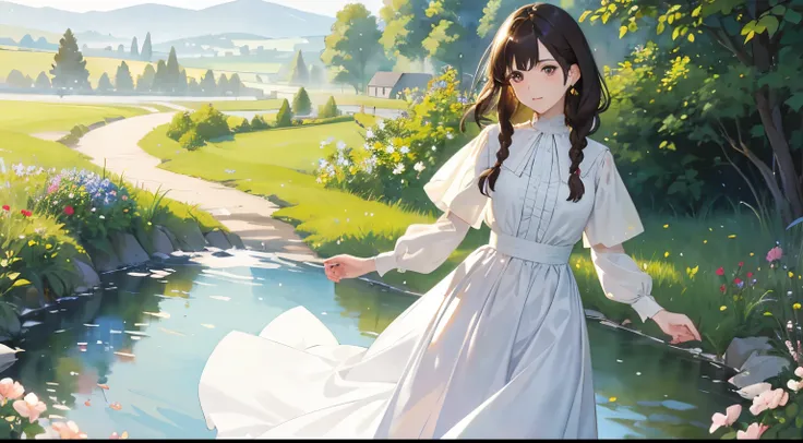 (Sargent style watercolor)、(highest quality、masterpiece)、soft light、view of the cotswolds,old farmhouse、stream、flowers bloom、one woman、dark brown hair、braided hair、White blouse and long skirt、picnic、dance alone、