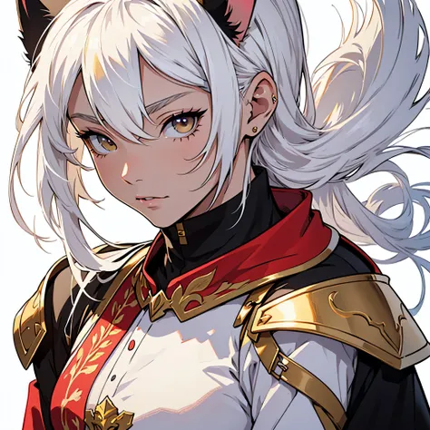 medieval anime art, masterpiece, best quality, by professional artist, female, solo, upper body portrait, detailed composition, detailed eyes, (((white background))), straight white hair, black eyes, cat ears, wearing red and yellow armor