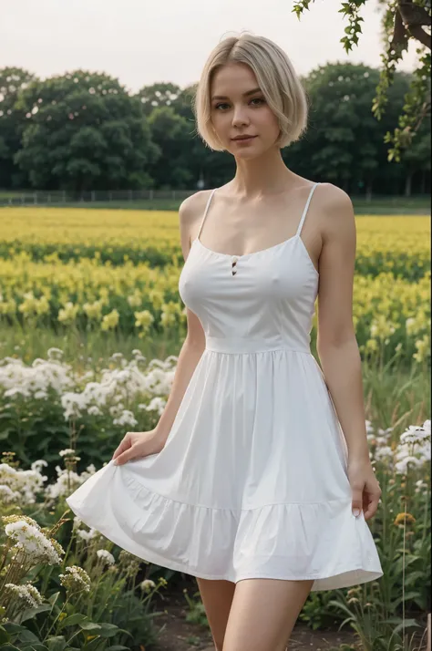 Short white hair woman thats look around 30 and with a decent boob,wearing sundress in a beautiful flower field