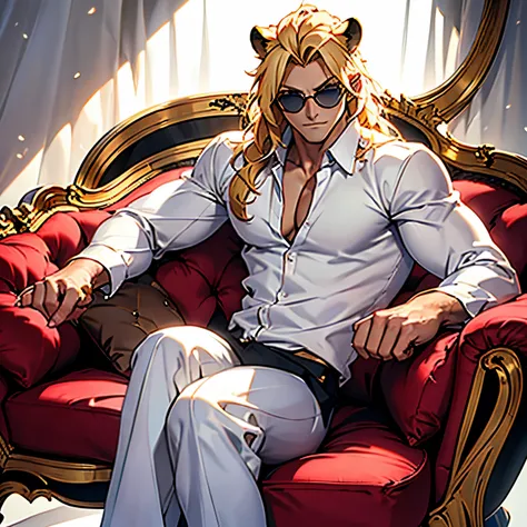 Black jacket, ((one male)), lion ears, long hair, blond, blond hair, green eyes, tall, muscular, white shirt, ((beautiful face)), ((highest quality)), ((masterpiece)), ((2d)), (anime), perfect face, (((highest detail))), feline eyes, stubble, lion tail, wa...