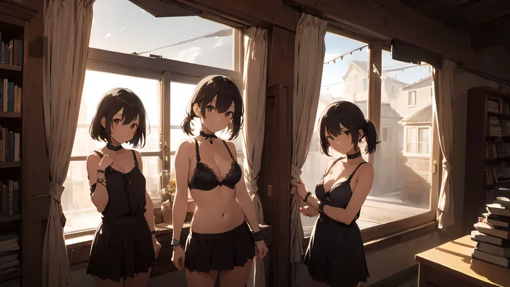 ((3girls)), smiling, choker collar, wrist bracelets, bra, panties, standing, bookstore, bookcases, books, open door, open window, evening, nighttime, dramatic lighting, cinematic lighting, masterpiece, best quality