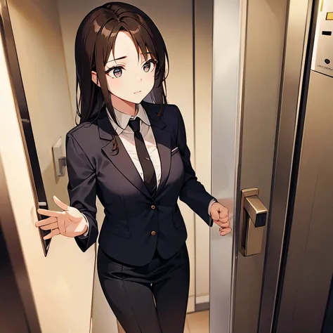 a  brunette woman in a small elevator wearing professional attire