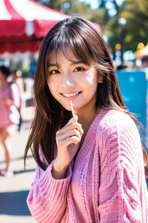 japanese model, beaultiful girl gender,photo style, portrait layout, from front angle, upper body focus, direct eye contact, smiling facial expression,eating ice cream at amusement park, morning time, shiney sun brightness, standing pose, wearing pink knit...