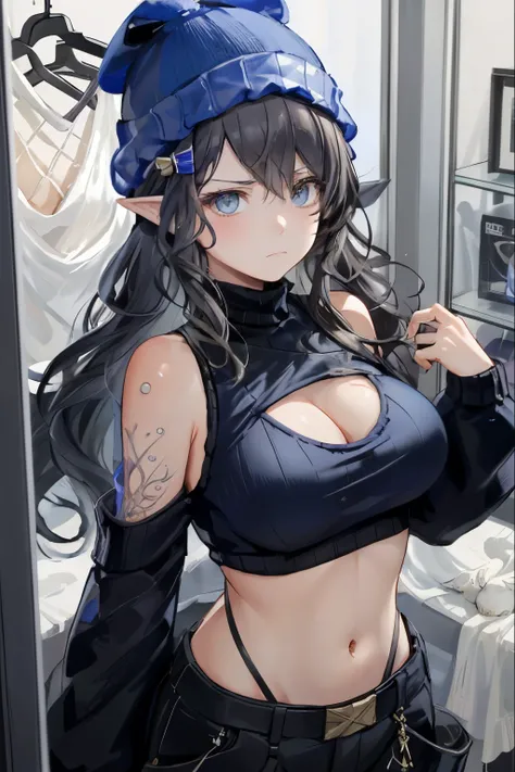 best quality, masterpiece, high resolution, photo,  1girl, large breasts, long hair,hear ornament, frowning
,indoor, ,(white turtleneck:1.2),cleavage, (long cargo pants:1.2), (blue knit cap:1.3), grabbing breasts herself
, highmore, pointy ears,   in chang...